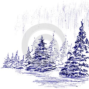 Primitive winter landscape fir forest. Hand made sketch with ballpoint pen on paper texture. Isolated on white. Bitmap