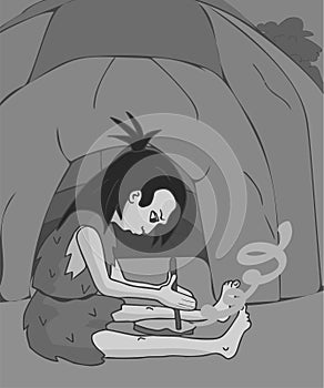 Primitive woman making fire on cave background cartoon