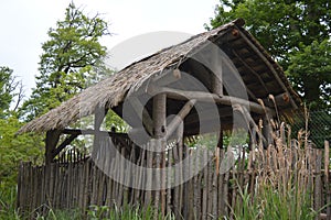 Primitive wooden hut thatch roof