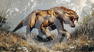 Primitivist Illustration of Tiger Attackers and Running Tyrannosaurus