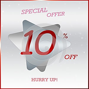 Primium Special Offer Discount Banner With 10% Off Hurry Up Text On Silver Grey Triangle Label With Glossy Red Frame