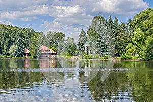 Primorskiy Maritime Victory Park on Krestovsky Island with its Swan pond, Swan farm and rotunda in Saint Petersburg, Russia