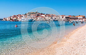 Primosten, Sibenik Knin County, Croatia.View of the old town and beach in Primosten town, Dalmatia, Croatia.