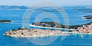 Primosten town on a peninsula vacation in the Mediterranean Sea panorama in PrimoÅ¡ten, Croatia