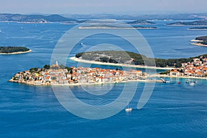 Primosten town on a peninsula vacation in the Mediterranean Sea in PrimoÅ¡ten, Croatia