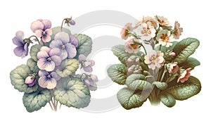 Primrose and forest viola flowers, Vintage botanical