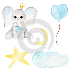 Prince baby elephant hand drawn raster illustration
