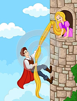 Prince climbing tower using long hair photo
