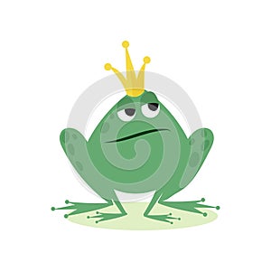 Prince frog in golden crown, fairy tale character cartoon vector Illustration