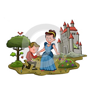 The prince kissed the princess`s hand in front of the castle cartoon illustration