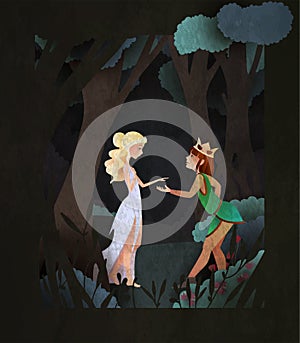 Prince and Princes fairy tale book cover illustration. Couple of character in front of magic forest photo