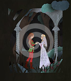 Prince and Princes fairy tale book cover illustration. Couple of character in front of magic forest photo