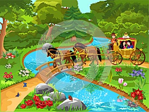 Prince and Princess carriage on a path in a beautiful landscape