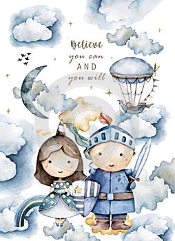 prince and princess, mystical story, balloons, outdoor activities, castle, rainbow, sunny day vintage style watercolor