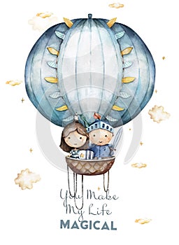 prince and princess, mystical story, balloons, outdoor activities, castle, rainbow, sunny day vintage style watercolor