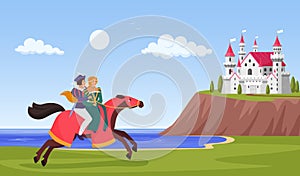 Prince and princess ride horse, horseman riding to castle on mountain fantasy landscape