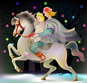 Prince and princess riding on horse, vector cartoon image.