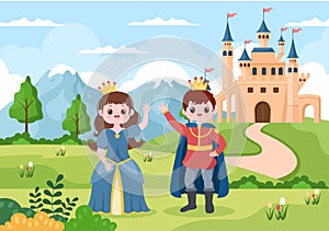 Prince and Queen in Front of the Castle with Majestic Palace Architecture and Fairytale Like Forest Scenery in Cartoon Flat Style