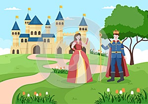 Prince and Queen in Front of the Castle with Majestic Palace Architecture and Fairytale Like Forest Scenery in Cartoon Flat Style