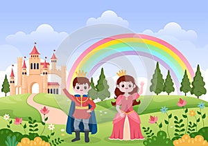 Prince and Queen in Front of the Castle with Majestic Palace Architecture and Fairytale Like Forest Scenery in Cartoon Flat Style