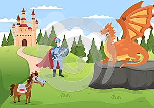 Prince, Queen and Knight with Dragon in Front of the Castle with Majestic Palace Architecture and Fairytale Like Forest Scenery