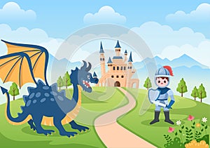 Prince, Queen and Knight with Dragon in Front of the Castle with Majestic Palace Architecture and Fairytale Like Forest Scenery