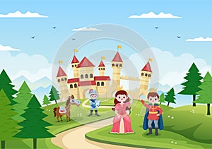 Prince, Queen and Knight with Horse in Front of the Castle with Majestic Palace Architecture and Fairytale Like Forest Scenery