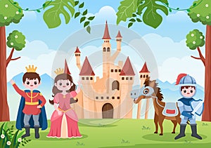 Prince, Queen and Knight with Horse in Front of the Castle with Majestic Palace Architecture and Fairytale Like Forest Scenery