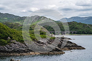 Prince`s Cairn, Lake Nan Uamh, picturesque bay in Scotland, UK