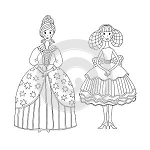 Princess and ballerina for coloring book.