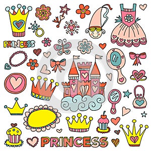 Princess birthday party for little girls. Kindergarten, school children picture. Illustration for children with castle