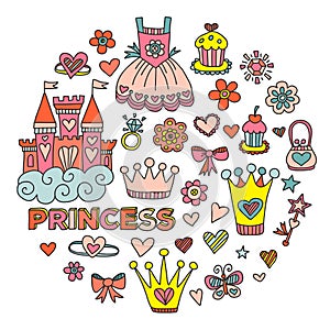 Princess birthday party for little girls. Kindergarten, school children picture. Illustration for children with castle