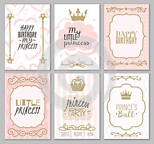 Princess borders. Cute girl party invitation shower or sweet frames for elegant decor of card vector templates