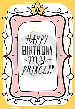 Princess card. Happy birthday postcard with crown, girls party invitation and greeting, pastel pink background, hand