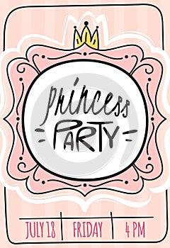 Princess card. Party invitation. Girls birthday greeting. Holiday kids postcard with gold crown on pastel pink