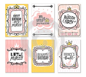 Princess cards. Vintage cute pink frame with gold crown, girl birthday invitation card, baby shower greeting card vector