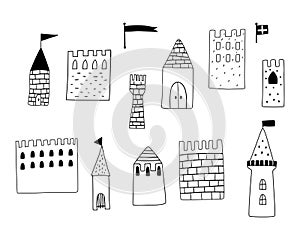 Princess castle vector set. Black doodle medieval castles elements isolated on white. Cute buildings for boys or girls