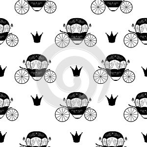 Princess Cinderella Fairytale Carriage. Seamless Pattern Background. Vector Illustration