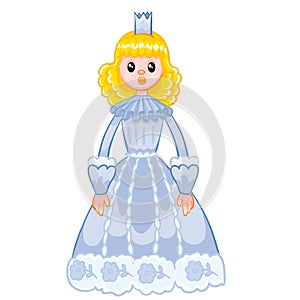 Princess with a crown and in a blue beautiful dress, doll, cartoon illustration, isolated object on a white background, vector