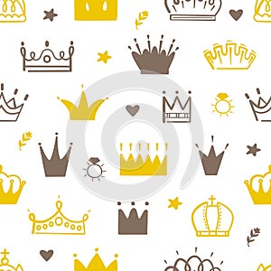 Princess crown seamless pattern. Crowns print, baby queen party background. Cute doodle nursery fabric print, royalty