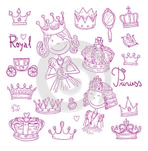 Princess crown set, hand drawn vector