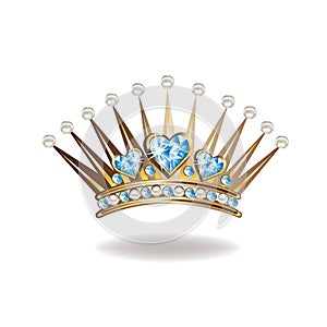 Princess crown or tiara with pearls and blue gems