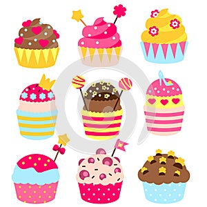 Princess cupcakes decorated with crown, hearts, candies, sweets. Bakery in pink, yellow colors. Birthday Party pastry food for gir