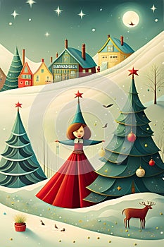 The princess dances among the Christmas trees in the village. Christmas card. Surreal, abstract, bright and unusual card