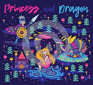 Princess and Dragon art. Magic fantasy print