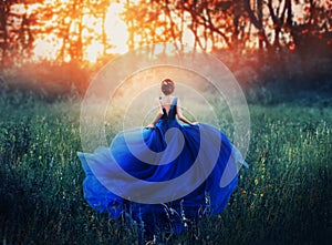 Princess, with a elegant hairstyle, runs through a forest meadow to meet a fiery sunset with a haze. A luxurious blue