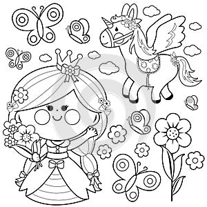 Beautiful princess with spring flowers and a unicorn. Vector black and white coloring page.