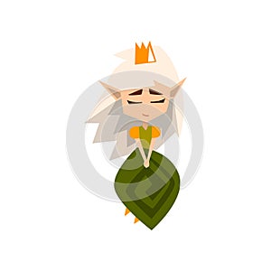 Princess of the forest Elves with white hair and green dress, cute fairytale magic character vector Illustration on a