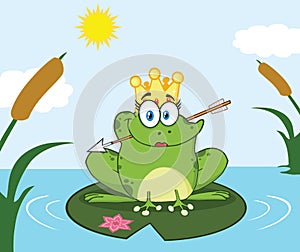 Princess Frog Cartoon Mascot Character With Crown And Arrow Perched On A Pond Lily Pad In Lake