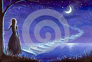 Princess girl climbs the magic steps to the moon in the night seascape oil painting photo